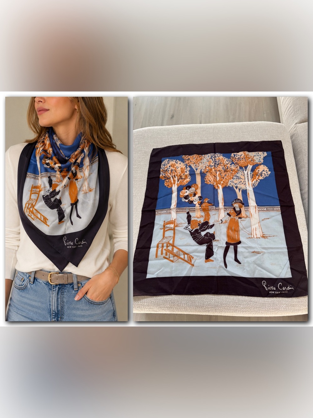PIERRE CARDIN Vintage Paris Park Scene Graphic Silk Scarf Wrap Italy